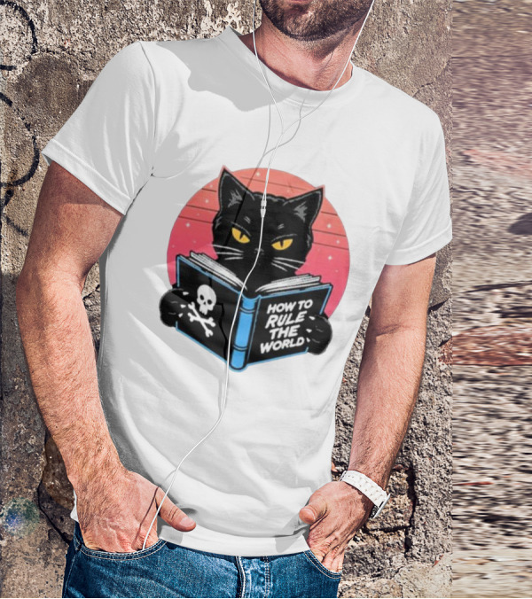 How To Rule The World Black Cat Reading Book With Skull T-Shirt
