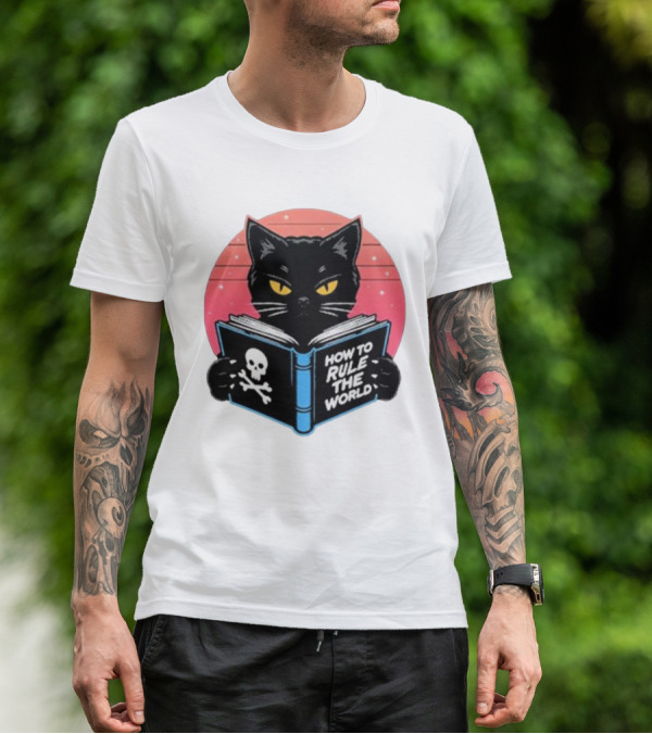 How To Rule The World Black Cat Reading Book With Skull T-Shirt