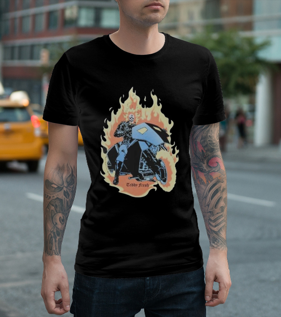 Ghost Rider Teddy Fresh Flaming Skull Motorcycle T-Shirt