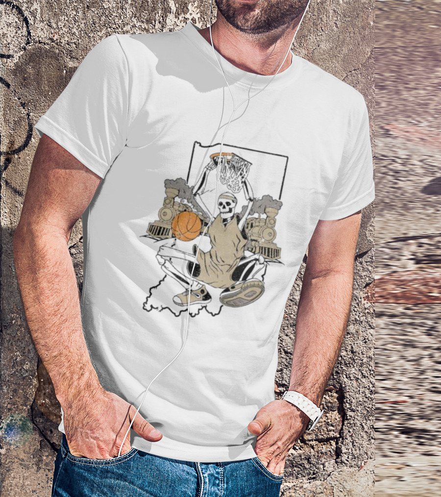 Golo Bloods West Lafayette Indiana Basketball Skeleton With Locomotives And Indiana Outline T-Shirt