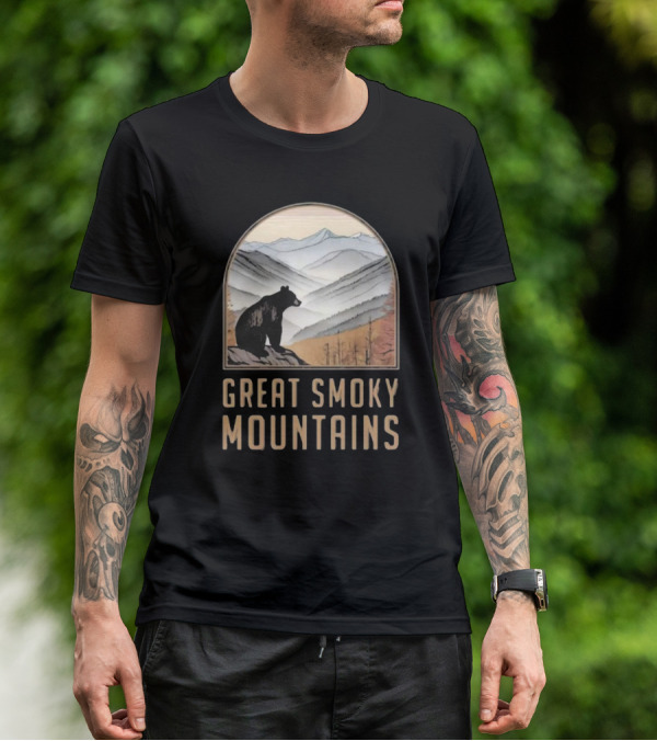 Great Smoky Mountains National Park Bear Silhouette Over Scenic Mountain Landscape T-Shirt