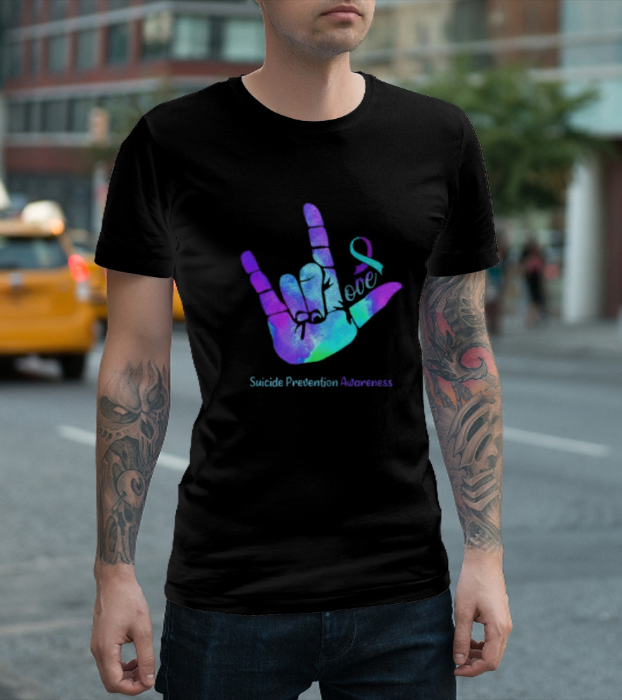 Love Hand Sign with Ribbon for Suicide Prevention Awareness T-Shirt