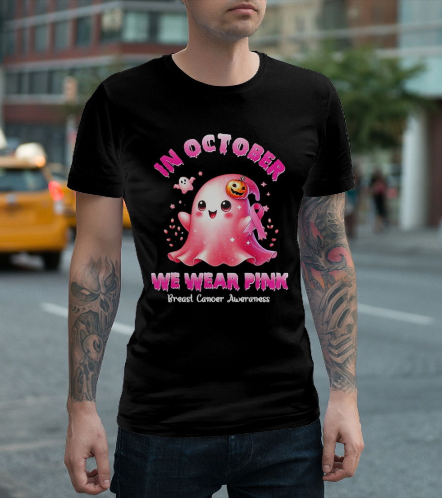 In October We Wear Pink Ghost Pumpkin Ribbon Breast Cancer Awareness T-Shirt