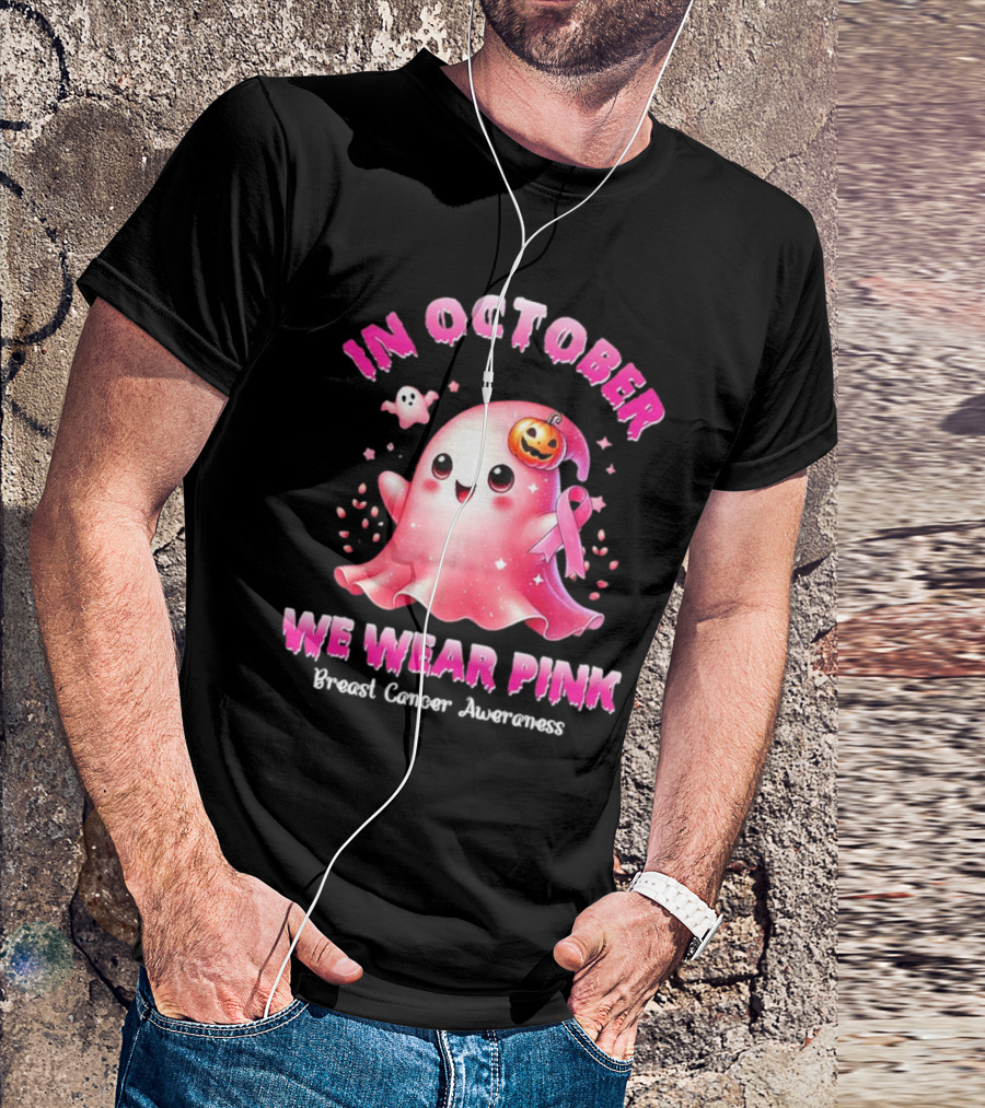 In October We Wear Pink Ghost Pumpkin Ribbon Breast Cancer Awareness T-Shirt