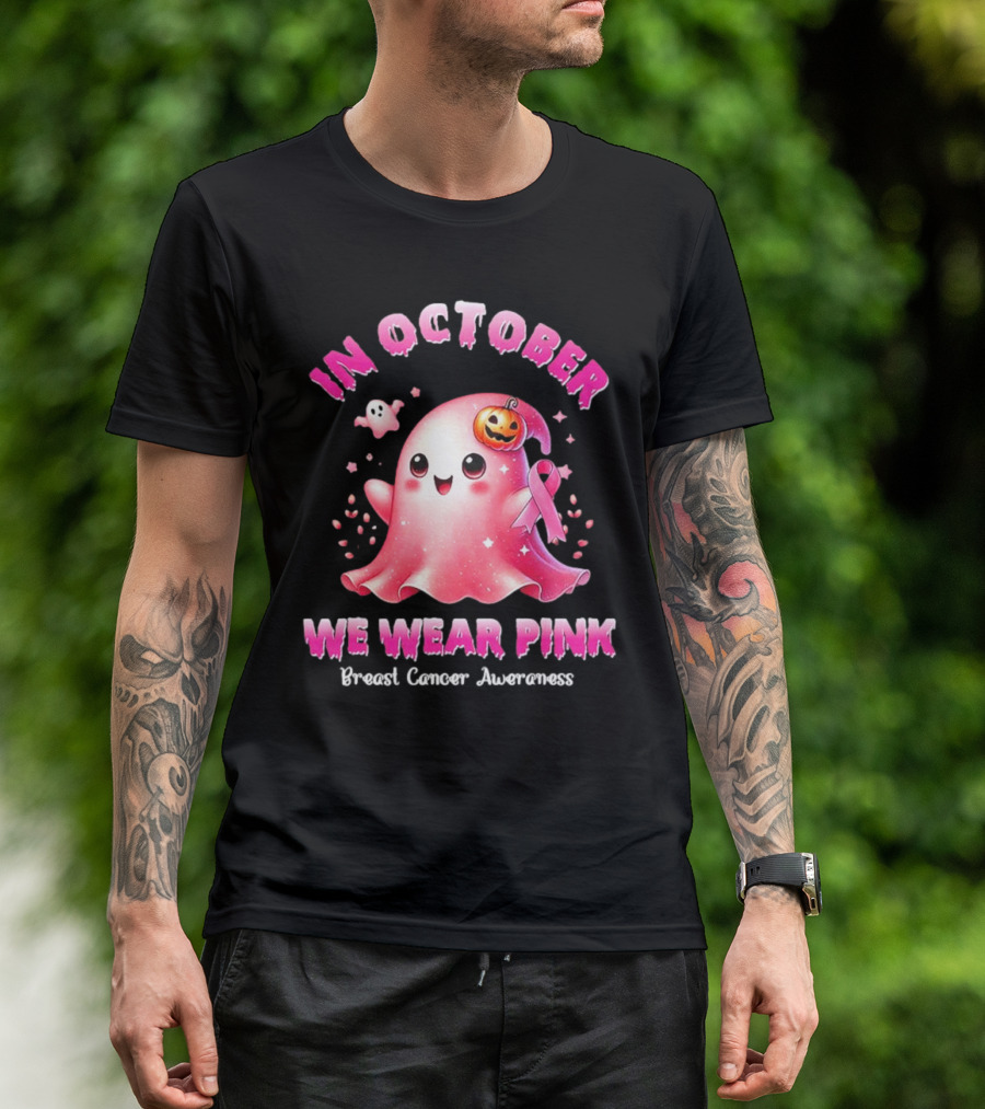 In October We Wear Pink Ghost Pumpkin Ribbon Breast Cancer Awareness T-Shirt