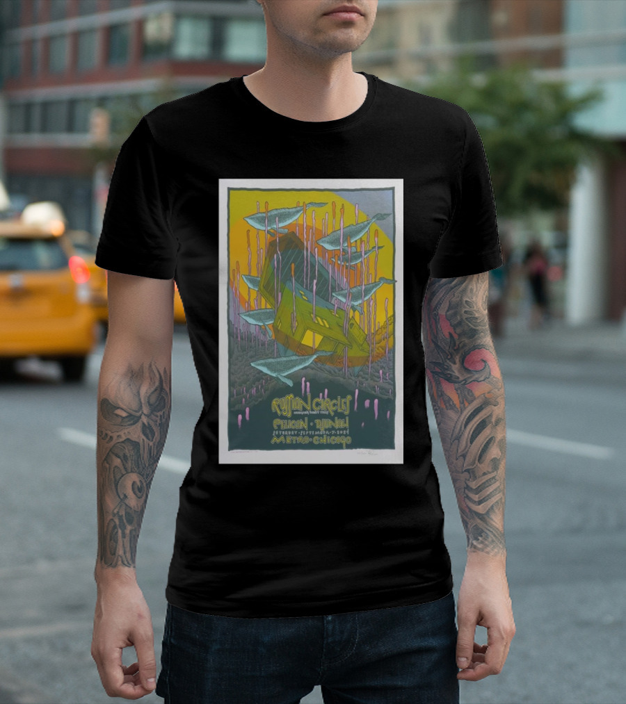 Russian Circles September 7, 2024 Metro Chicago Tour Poster Featuring Unique Surreal Artwork with Whale T-Shirt