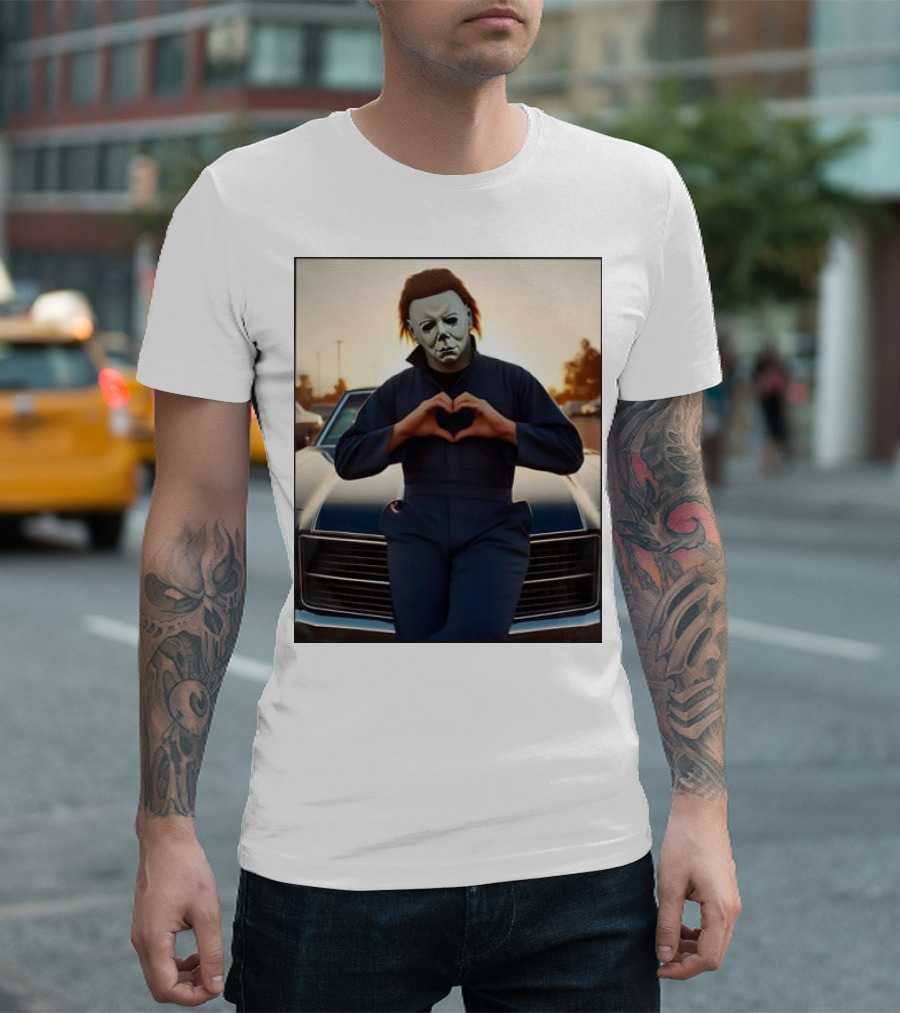 Vintage Halloween Michael Myers Heart Hands Pose in Front of Classic Car T-Shirt