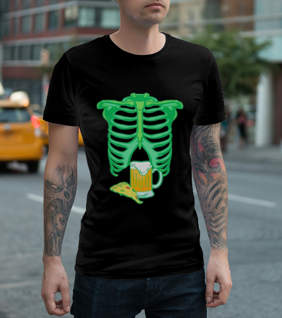 Halloween Skeleton Xray Rib Cage With Beer And Pizza T-Shirt