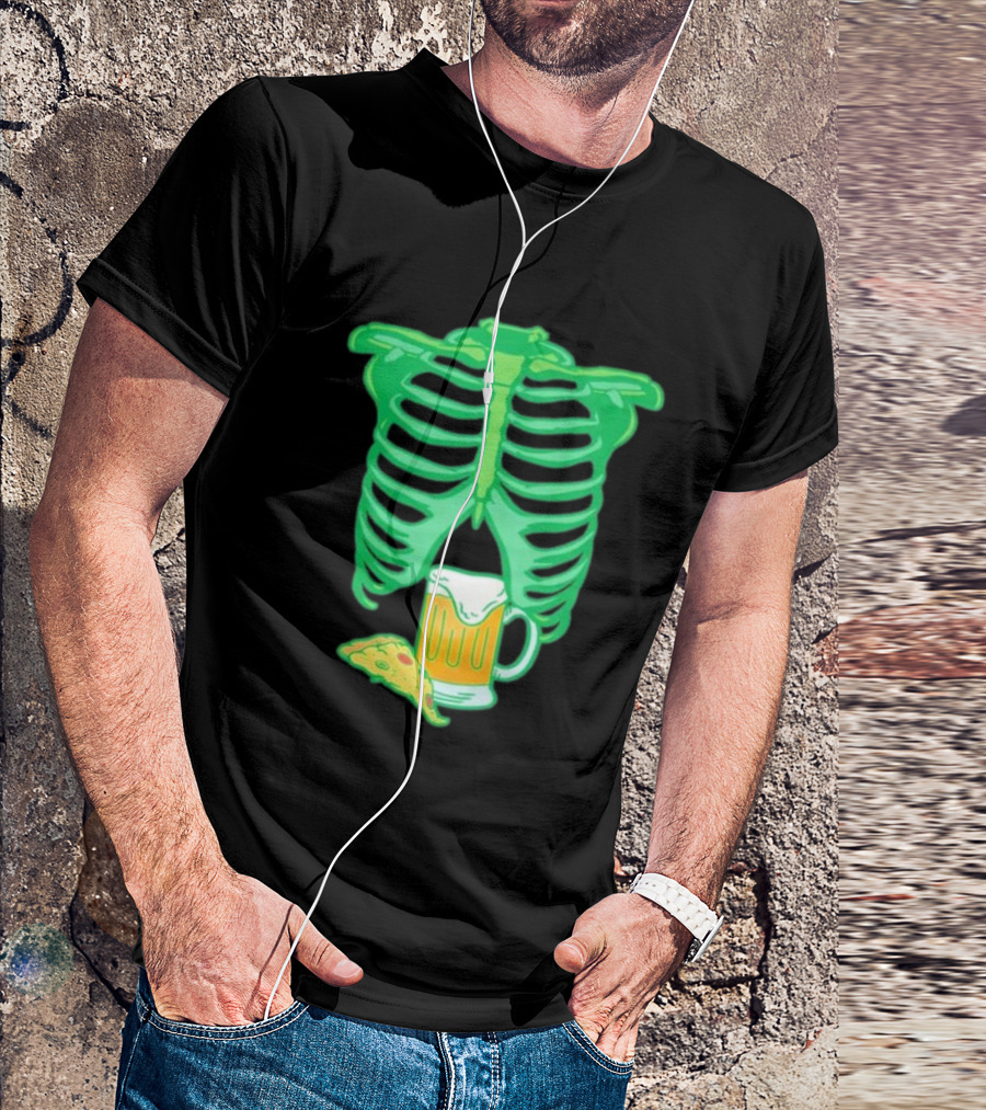 Halloween Skeleton Xray Rib Cage With Beer And Pizza T-Shirt