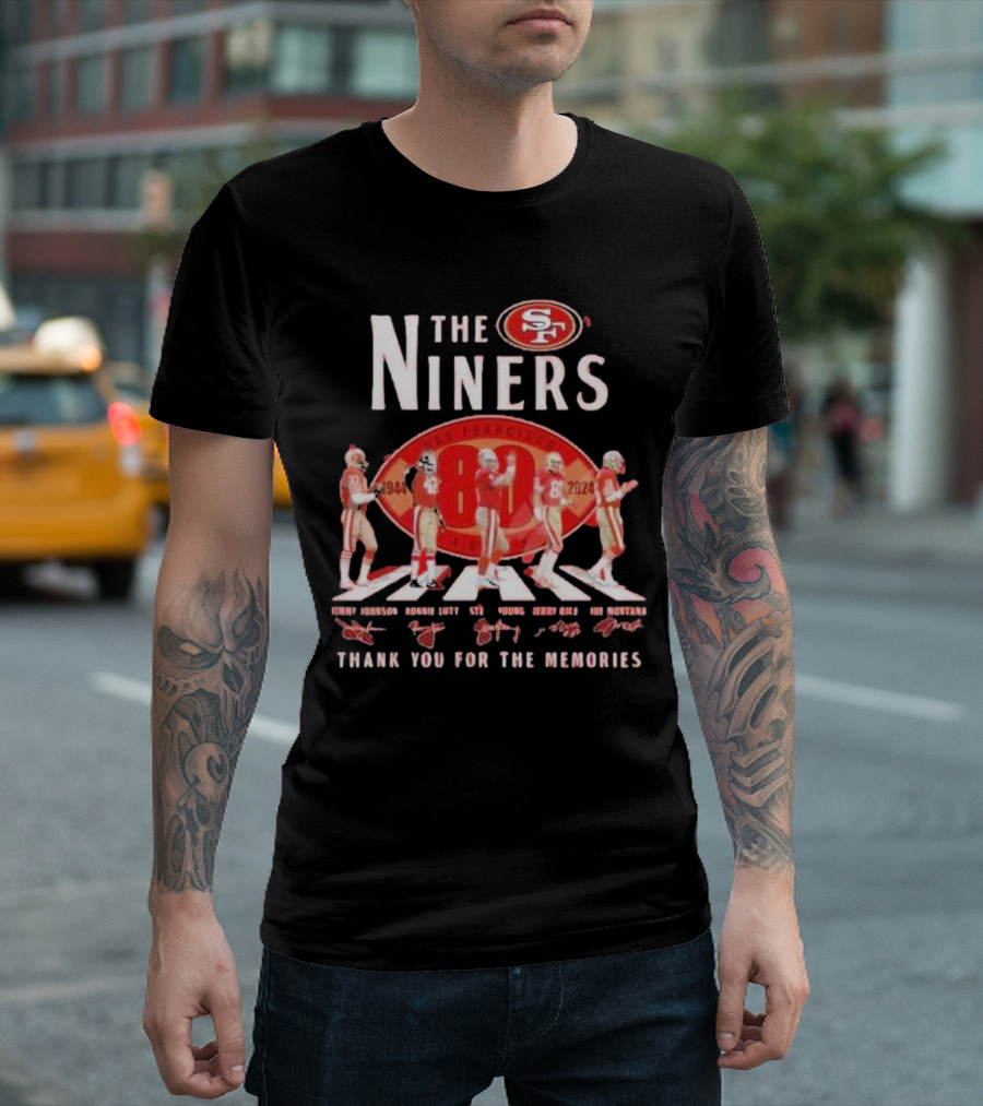 The Niners San Francisco 1944-2024 Thank You For The Memories Jerry Rice Joe Montana Ronnie Lott Jimmy Johnson Steve Young T-Shirt