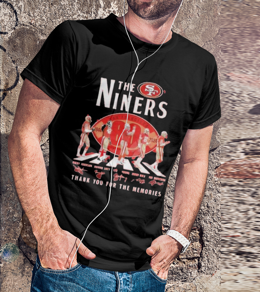 The Niners San Francisco 1944-2024 Thank You For The Memories Jerry Rice Joe Montana Ronnie Lott Jimmy Johnson Steve Young T-Shirt