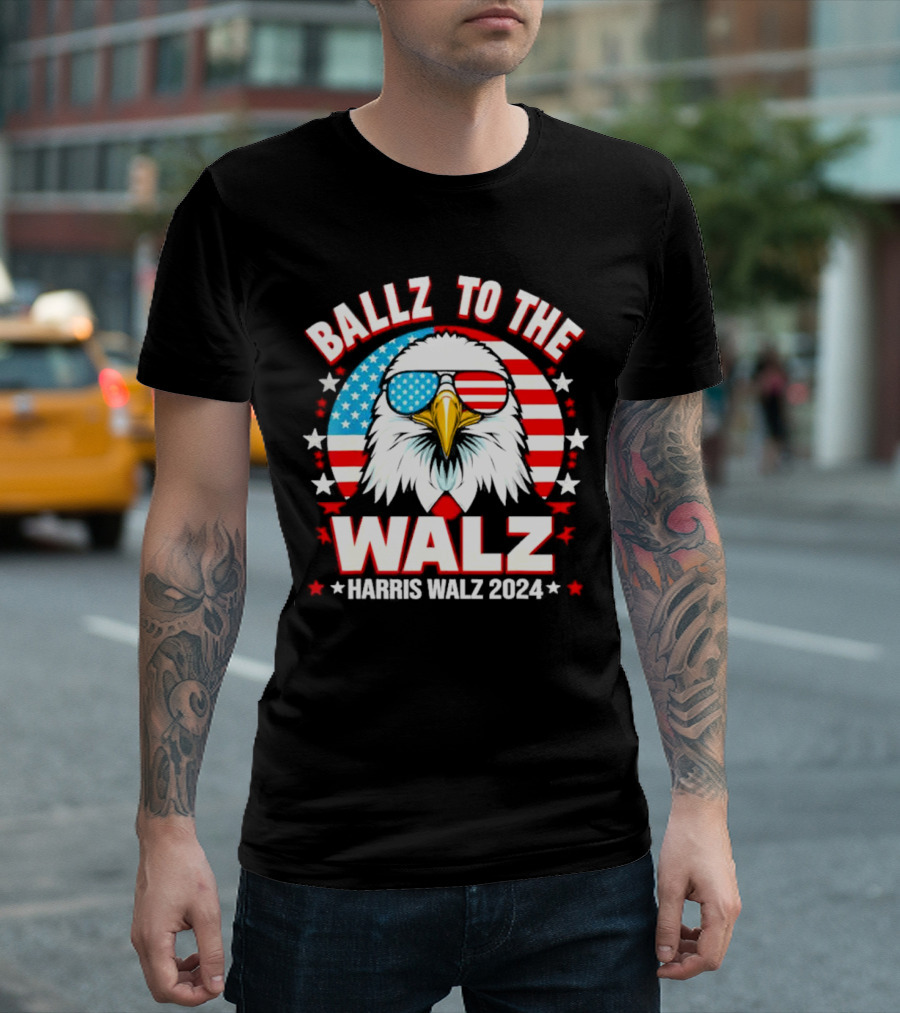 Ballz to the Walz Harris Walz 2024 Bald Eagle American Flag Stars Patriotic T-Shirt