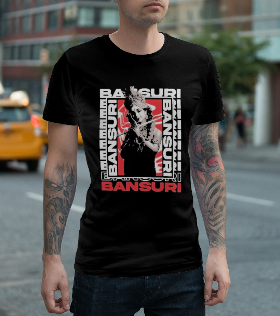 Bansuri Beautiful Girl With Flute Elegantly Framed in Red and White T-Shirt
