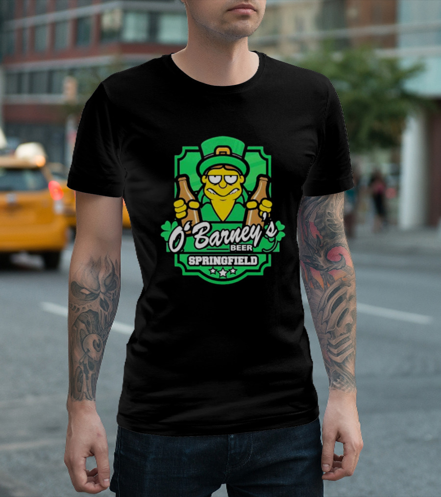 O’Barney’s Beer Springfield Leprechaun Holding Bottles Shamrock Badge T-Shirt