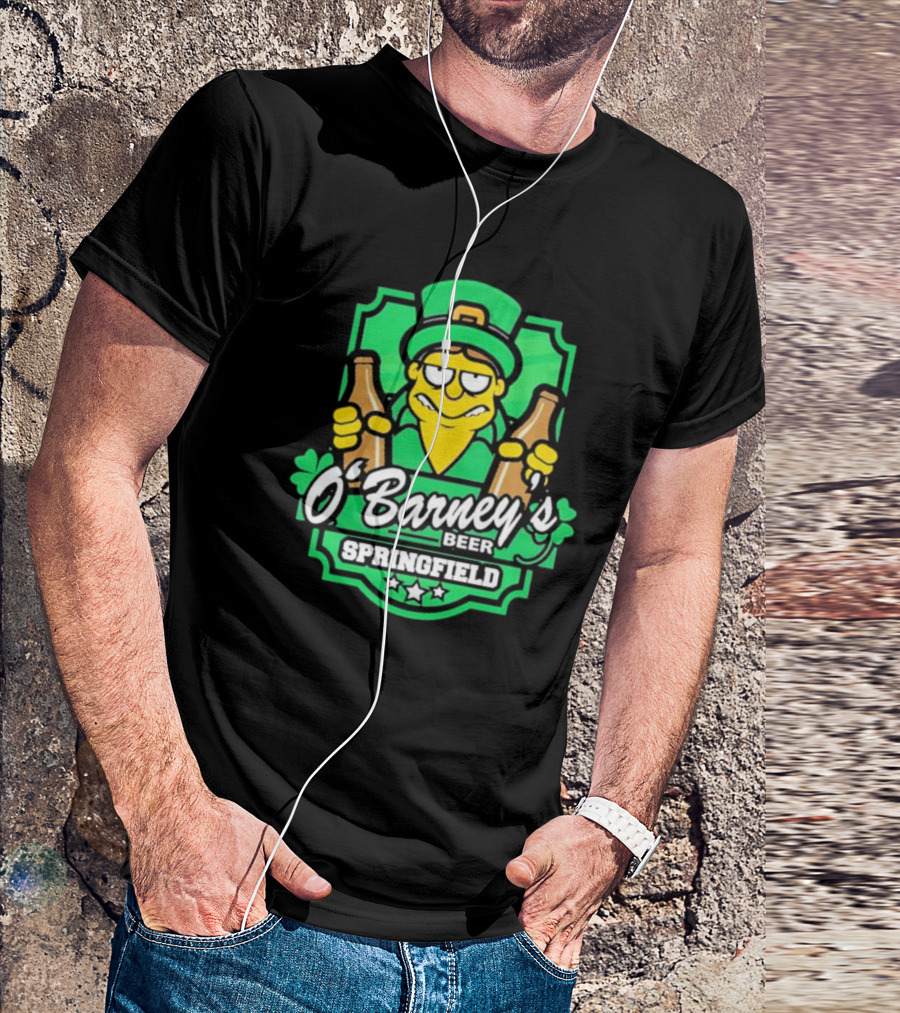 O’Barney’s Beer Springfield Leprechaun Holding Bottles Shamrock Badge T-Shirt