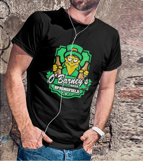 O’Barney’s Beer Springfield Leprechaun Holding Bottles Shamrock Badge T-Shirt