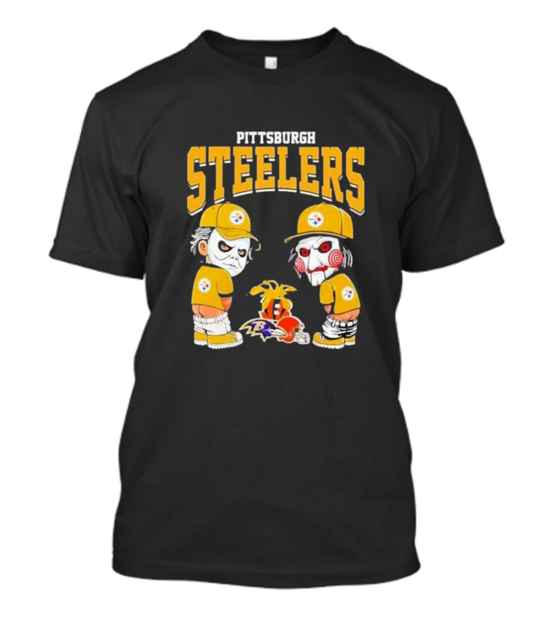 Pittsburgh Steelers Halloween 2024 Michael Myers Billy The Puppet Pee On NFL Teams Ravens Browns T-Shirt
