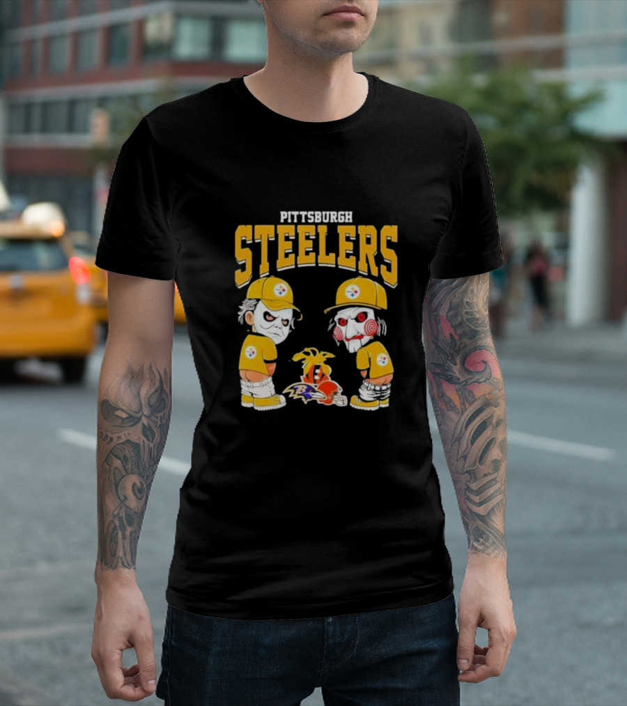 Pittsburgh Steelers Halloween 2024 Michael Myers Billy The Puppet Pee On NFL Teams Ravens Browns T-Shirt