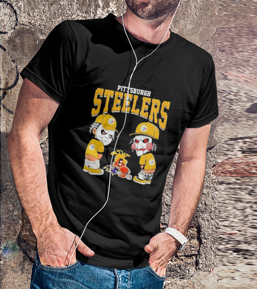 Pittsburgh Steelers Halloween 2024 Michael Myers Billy The Puppet Pee On NFL Teams Ravens Browns T-Shirt
