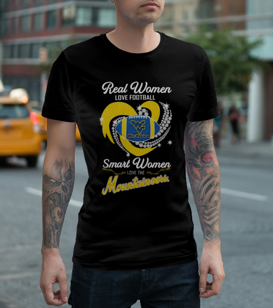 Real Women Love Football Smart Women Love West Virginia Mountaineers Diamond Heart Football T-Shirt