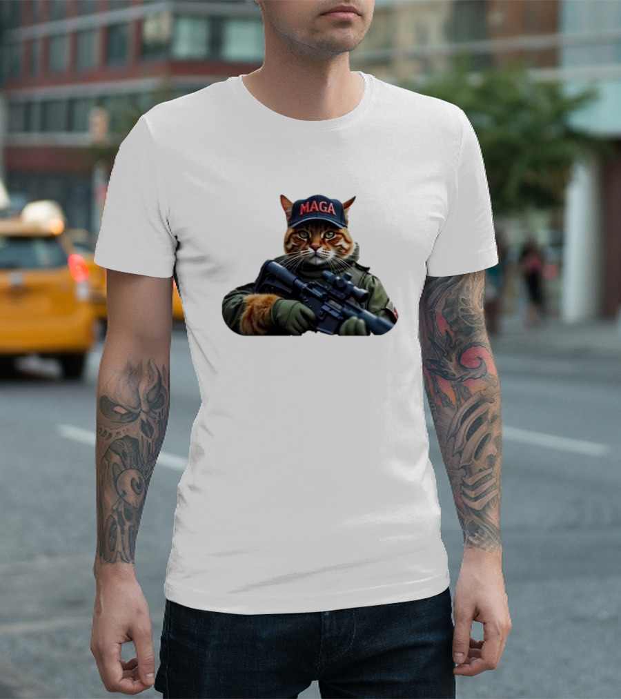 Trump 2024 Armed Cat MAGA Hat Patriotic Feline T-Shirt