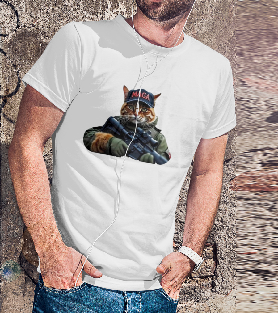 Trump 2024 Armed Cat MAGA Hat Patriotic Feline T-Shirt