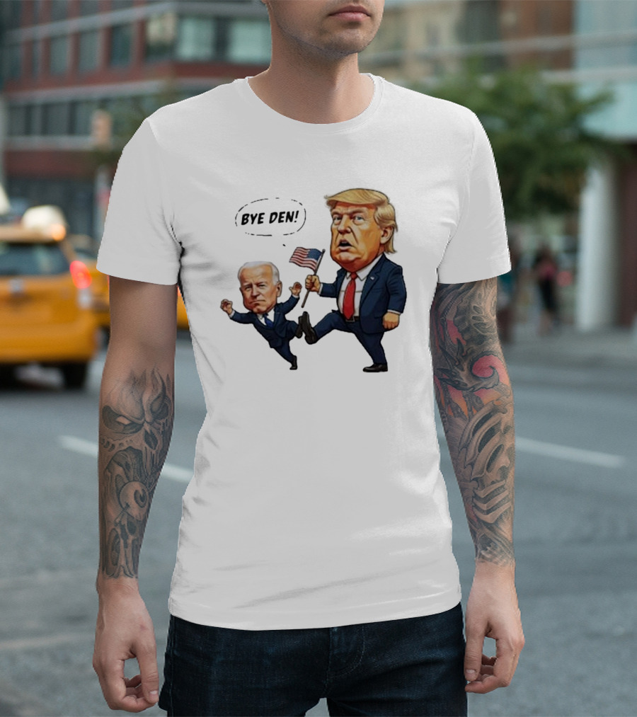 Trump Kicking Bi Den Holding Flag Bye Den T-Shirt