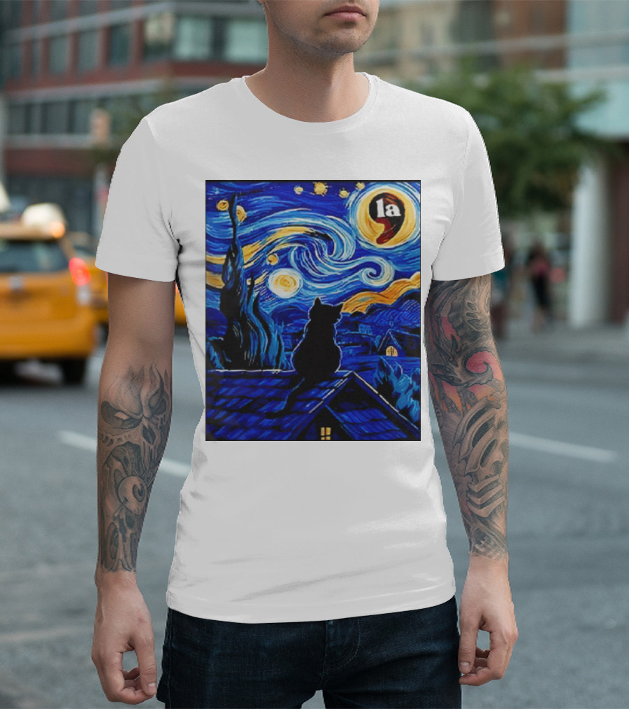 Halloween Starry Night Black Cat Comma La T-Shirt