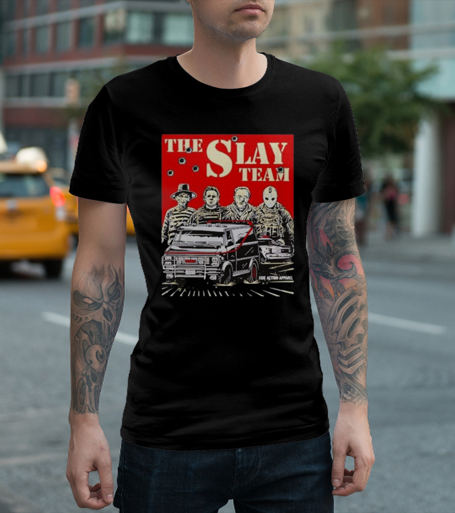 The Slay Team Horror Movies Characters Side Action T-Shirt