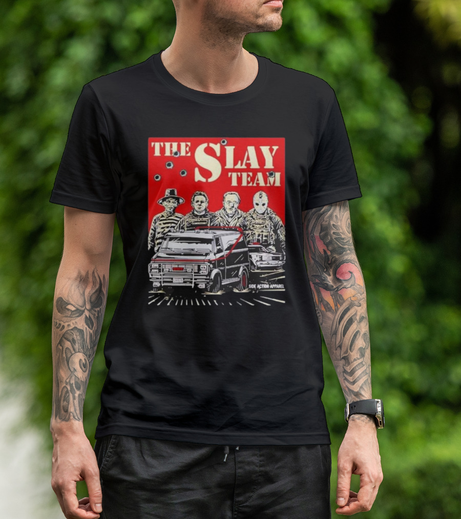 The Slay Team Horror Movies Characters Side Action T-Shirt