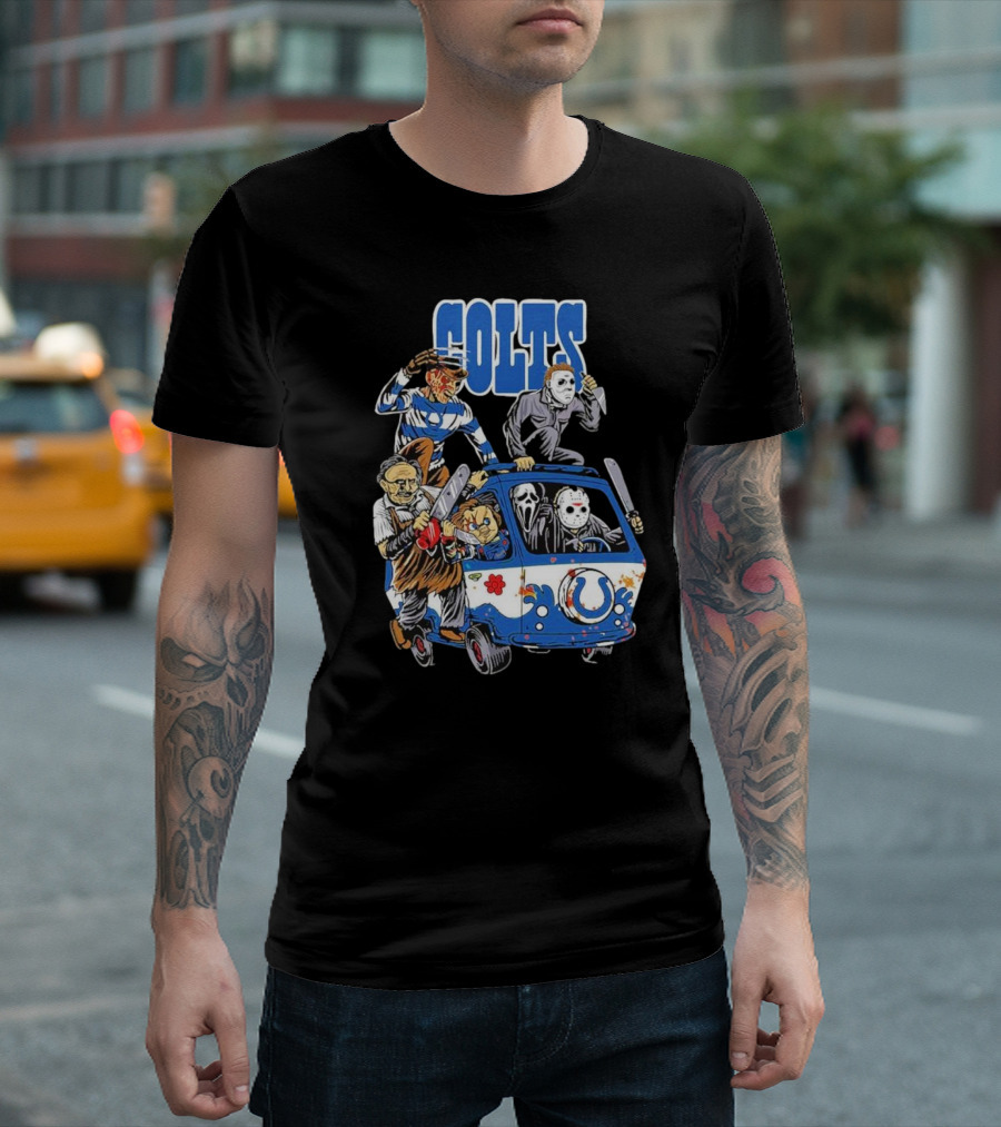 Colts NFL Halloween Horror Movie Characters Hippie Van T-Shirt