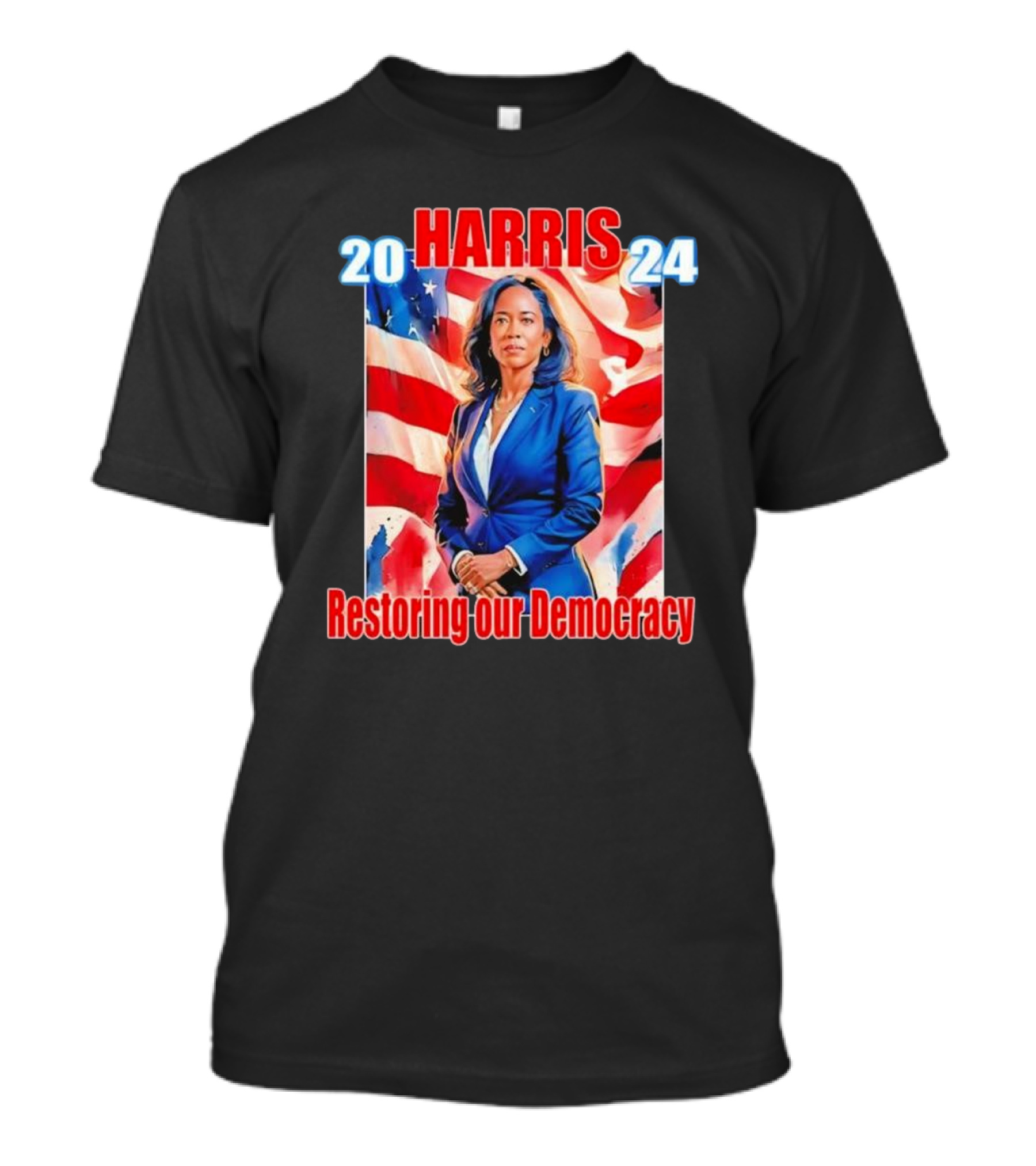 Harris 2024 Restoring Our Democracy American Flag Background T-Shirt