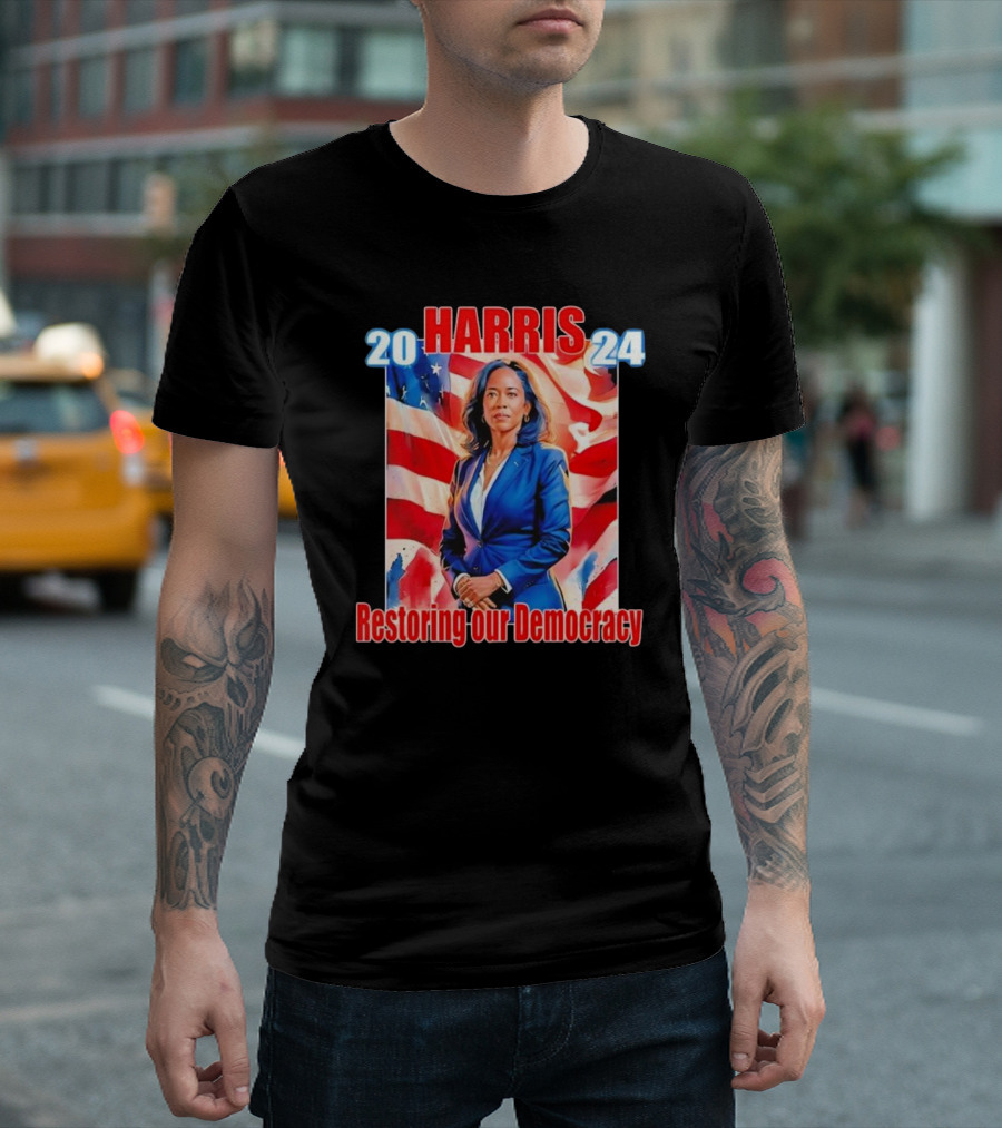 Harris 2024 Restoring Our Democracy American Flag Background T-Shirt