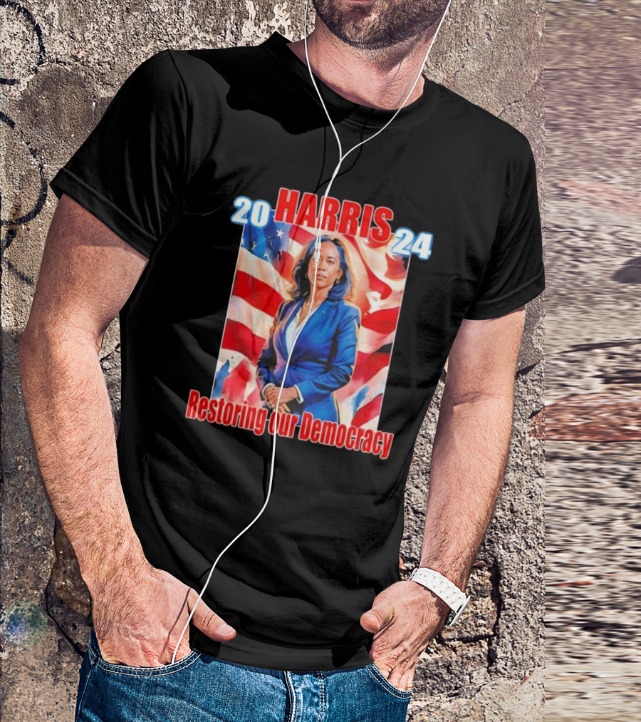 Harris 2024 Restoring Our Democracy American Flag Background T-Shirt