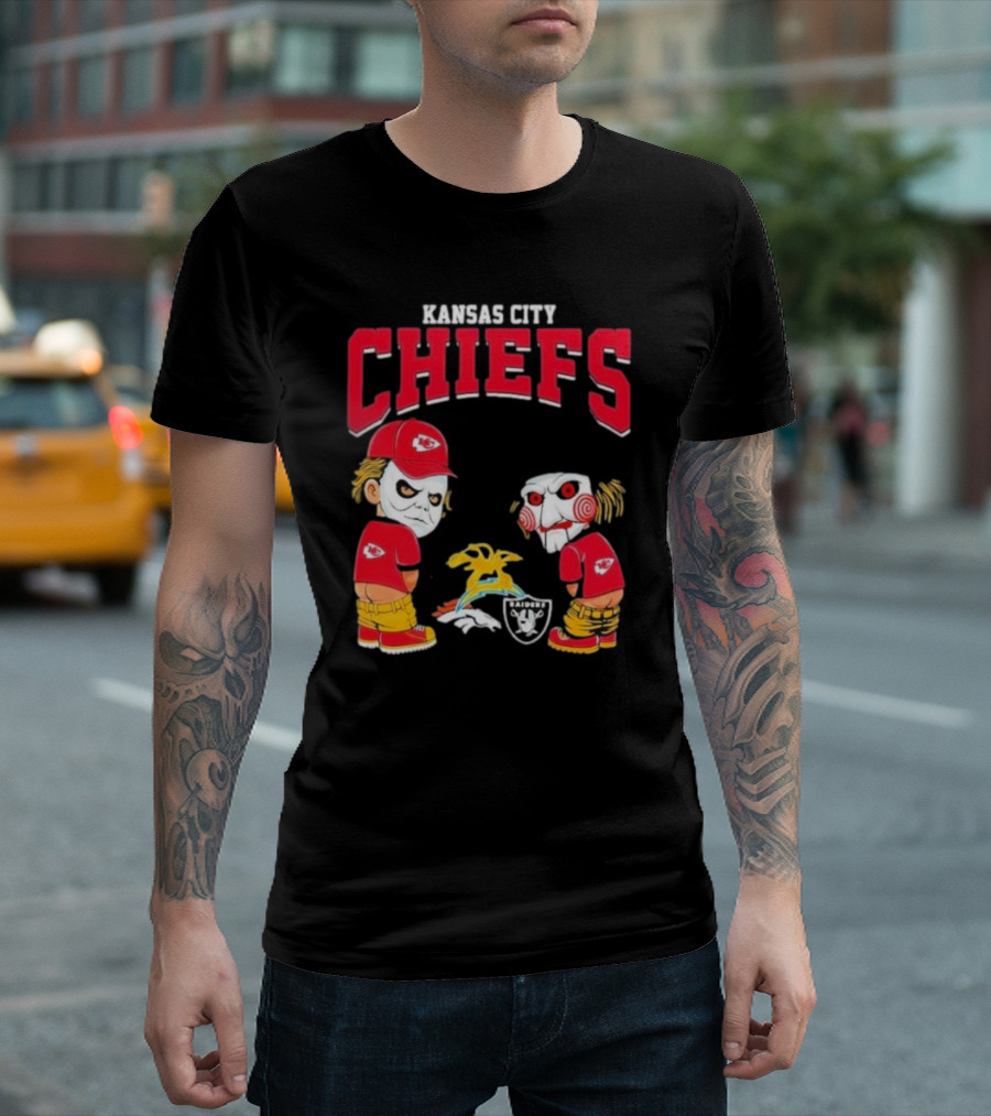 Kansas City Chiefs Michael Myers Billy the Puppet Halloween 2024 Pee On NFL Teams Raiders Broncos T-Shirt