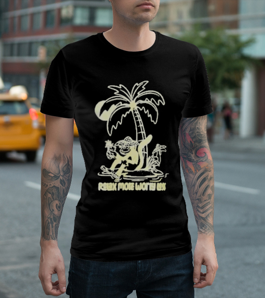 Relax More Worry Less Monkey Under Palm Tree with Drink T-Shirt