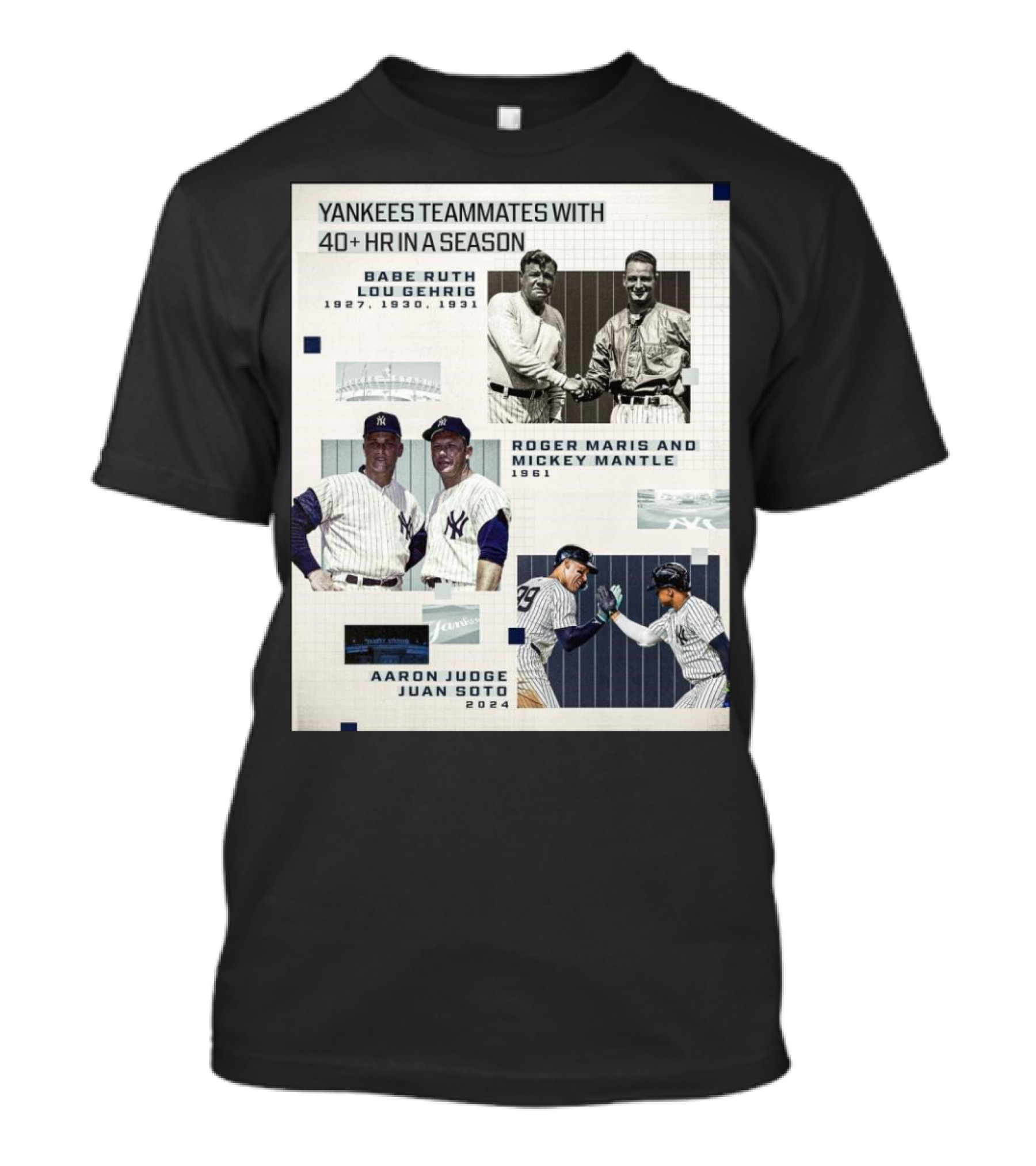 Yankees Teammates With 40+ HR In A Season Babe Ruth Lou Gehrig 1927 1930 1931 Roger Maris Mickey Mantle 1961 Aaron Judge Juan Soto T-Shirt