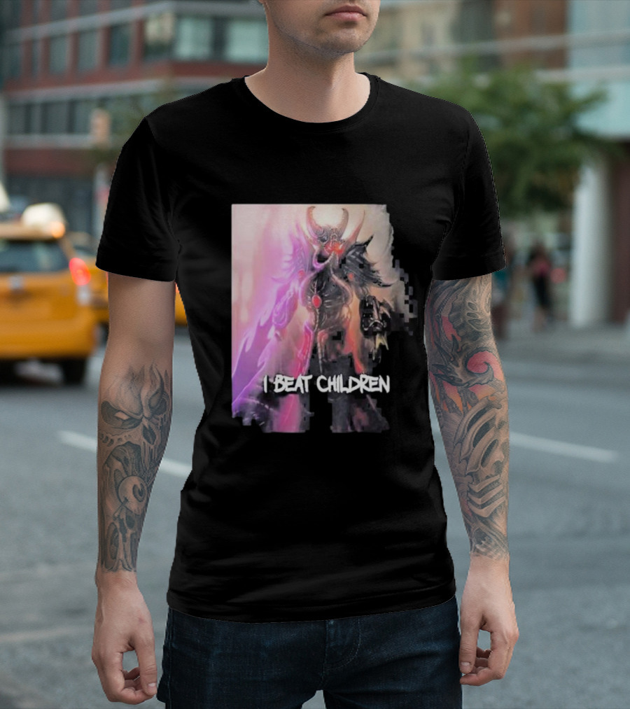 Kassadin I Beat Children Text Featuring Dark Mysterious Armored Character With Glowing Accents T-Shirt