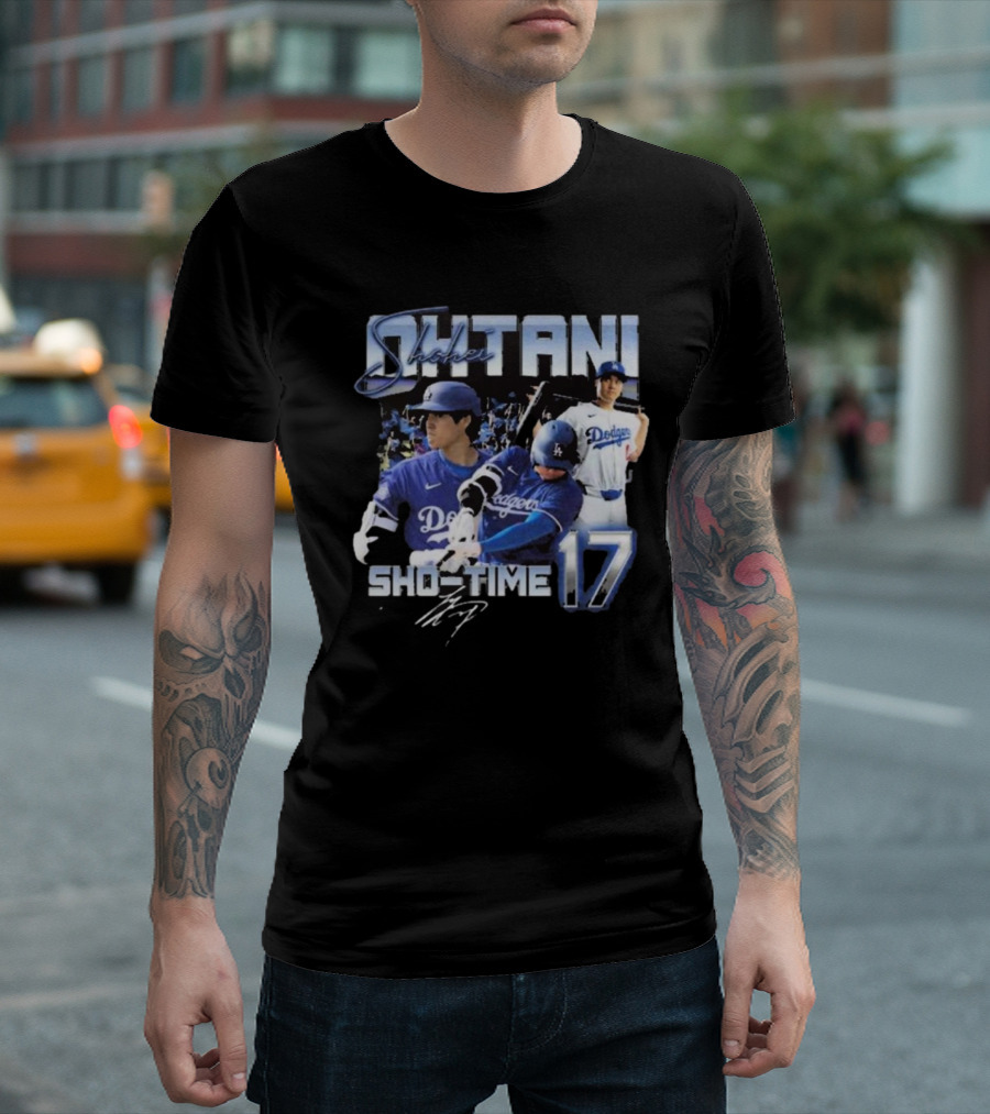 Shohei Ohtani Dodgers Sho Time 17 Signature Baseball Action T-Shirt