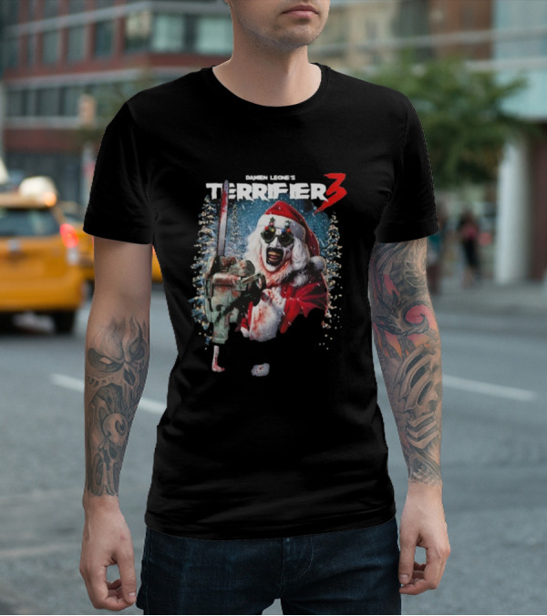 Damien Leone's Terrifier 3 Merry Mayhem Santa With Chainsaw T-Shirt