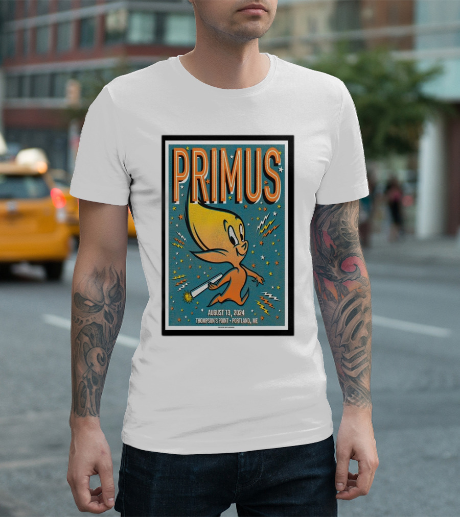 PRIMUS August 13 2024 Thompson's Point Portland ME Starburst Cartoon Character T-Shirt