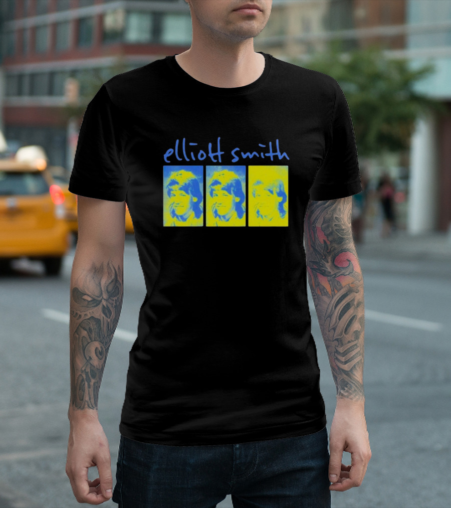 Elliott Smith Triple Portrait Blue Yellow Panels T-Shirt