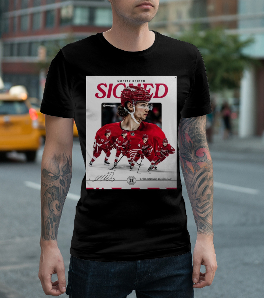 Moritz Seider Signed Detroit Red Wings 7-Year Extension NHL Signature T-Shirt