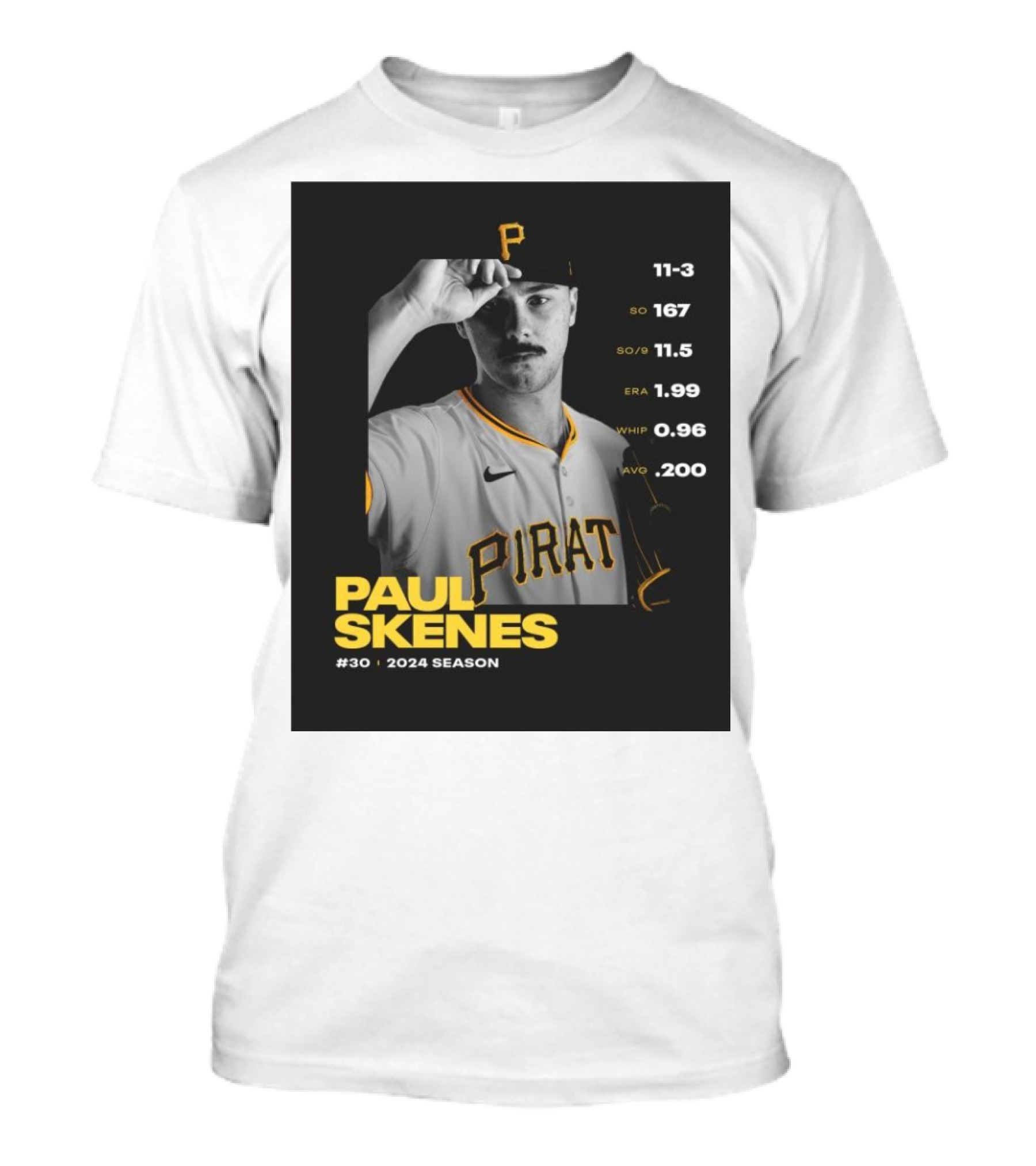Paul Skenes Pittsburgh Pirates 2024 Season ERA 1.99 WHIP 0.96 SO/9 11.5 AVG .200 T-Shirt