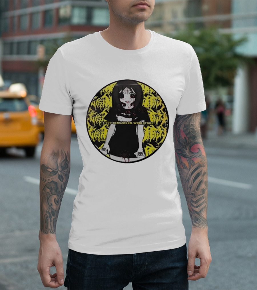 1 800 Ken Carson World Tour Creepy Anime Girl with Yellow Graffiti Background T-Shirt