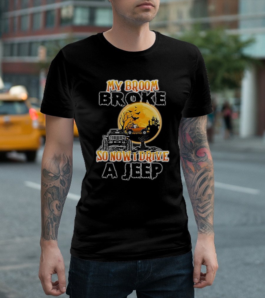 My Broom Broke So Now I Drive A Jeep Halloween 2024 Black Cat Moon Jeep Haunted House T-Shirt