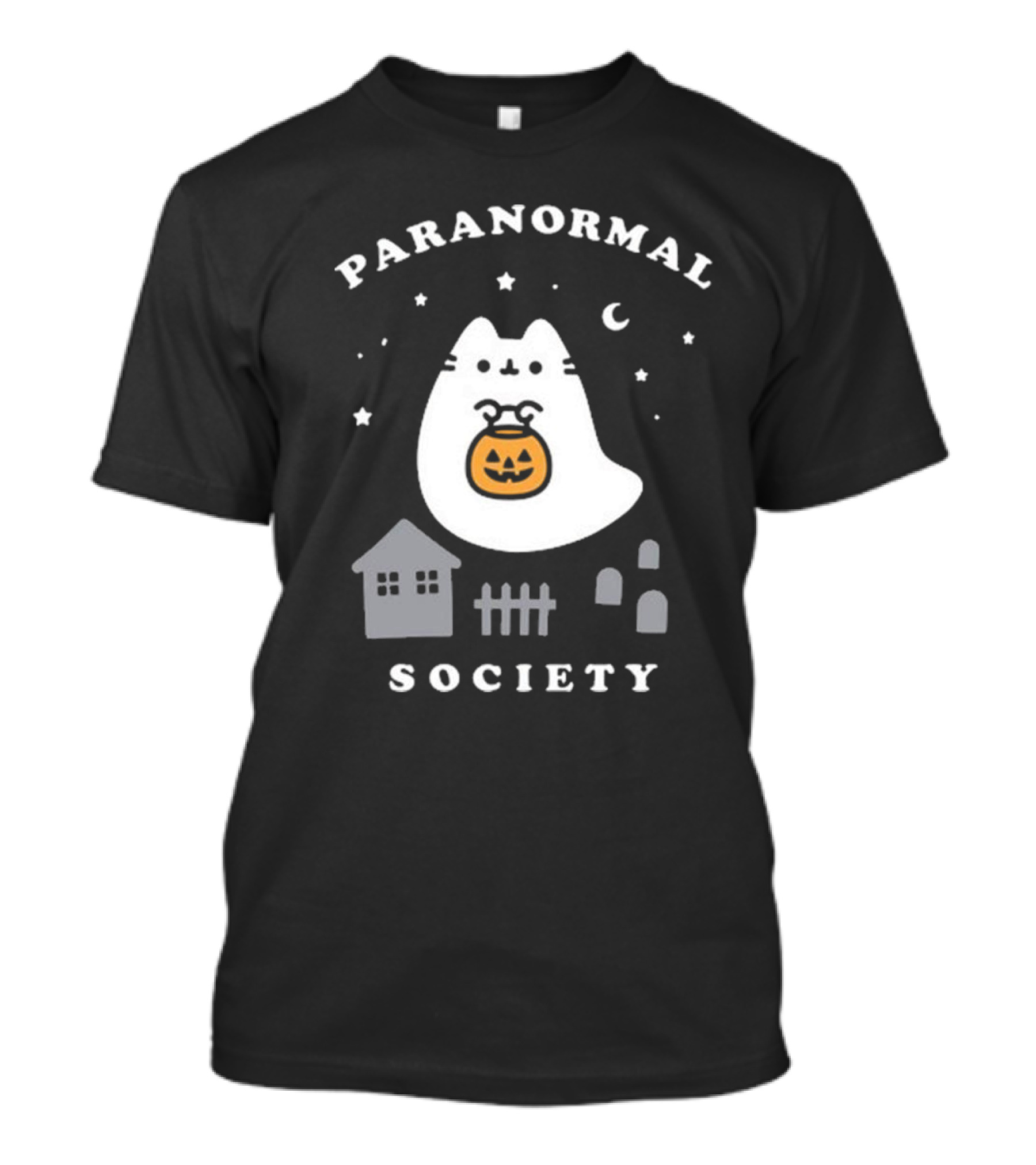 Boosheen Paranormal Society Halloween Cat With Pumpkin Moon And Stars T-Shirt