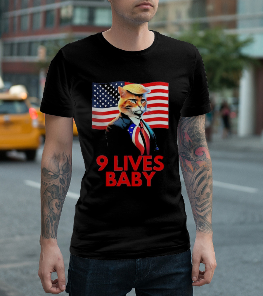 9 Lives Baby Cat in Suit Trump Hair American Flag T-Shirt