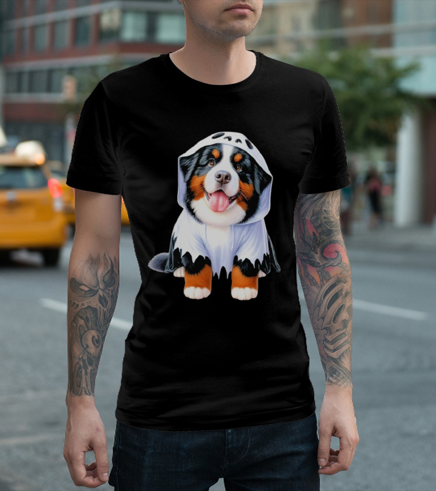 Bernese Mountain Dog Puppy In Ghost Costume For Halloween T-Shirt