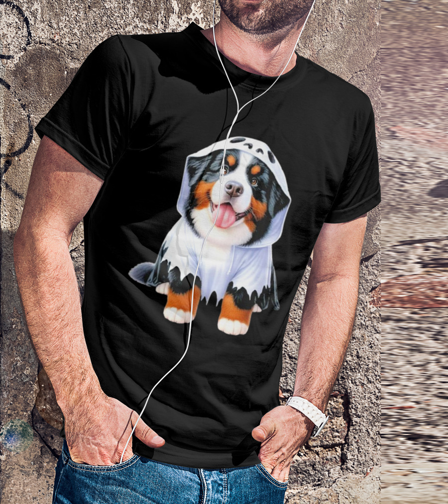 Bernese Mountain Dog Puppy In Ghost Costume For Halloween T-Shirt